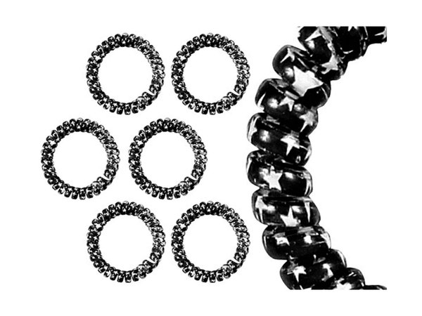 Spiralhaargummi, Telefonkabelhaargummi, schwarz mit weißen Sternen, 3 St/Pack, Kunststoff