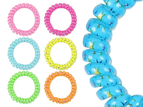 Spiralhaargummi verschiedene Farben mit Sternen, Größe 5cm, Kunststoff